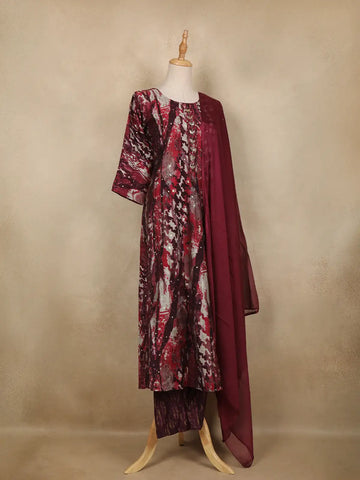 Wine Abstract Printed Cotton Salwar Suit With Dupatta - Diadem