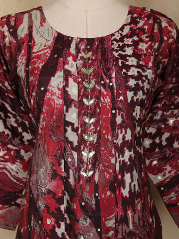 Wine Abstract Printed Cotton Salwar Suit With Dupatta - Diadem