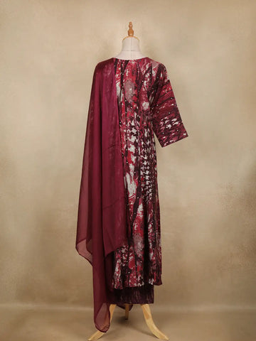 Wine Abstract Printed Cotton Salwar Suit With Dupatta - Diadem