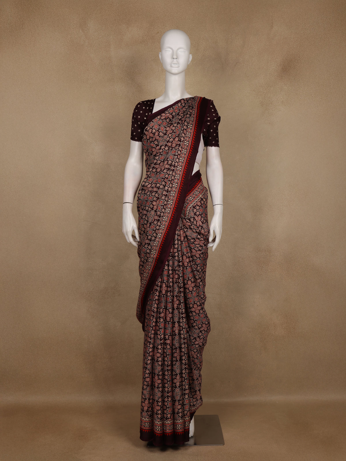 Wine Ajrakh Print Mul Mul Cotton Saree