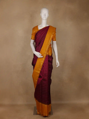 Wine Checks Woven Pure Kanchipuram Silk Saree - Diadem