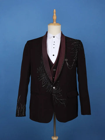 Wine Embellished Satin Men's Suit with Leaf Sequin Work - Diadem