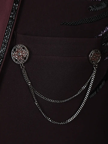 Wine Embellished Satin Men's Suit with Leaf Sequin Work - Diadem