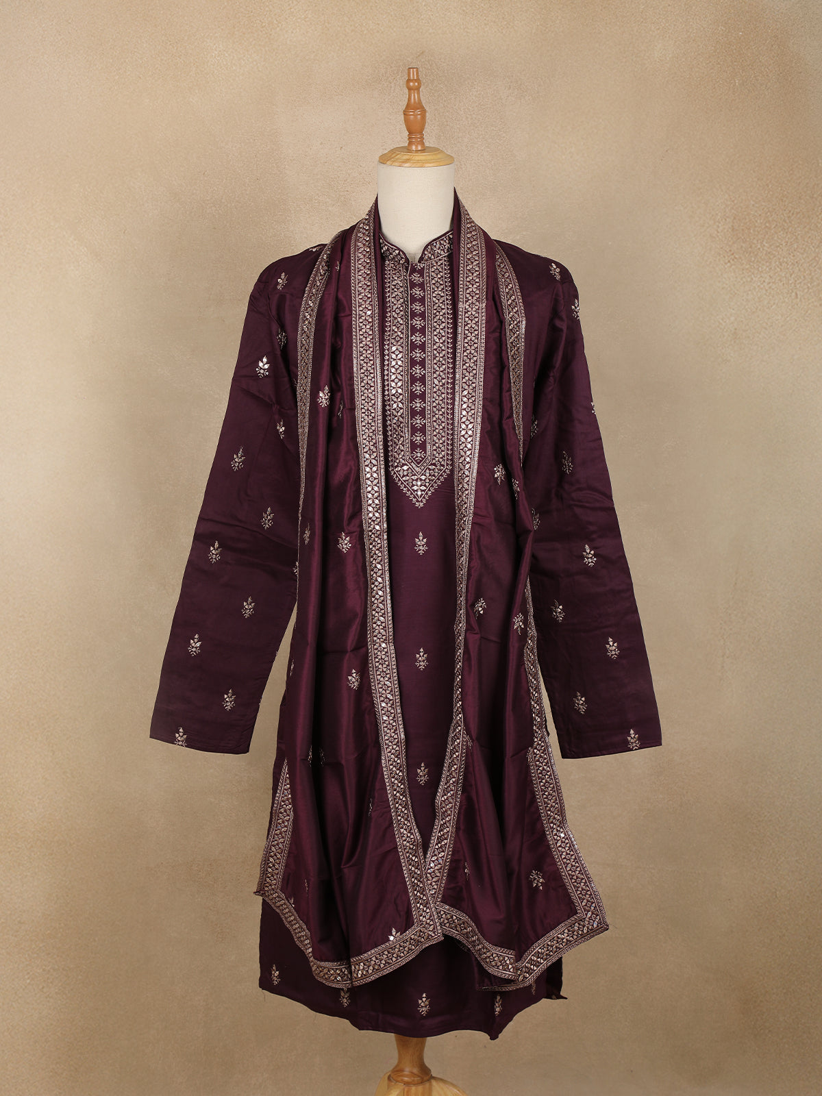 Wine Embroidered Design Semi Silk Kurta With Dupatta