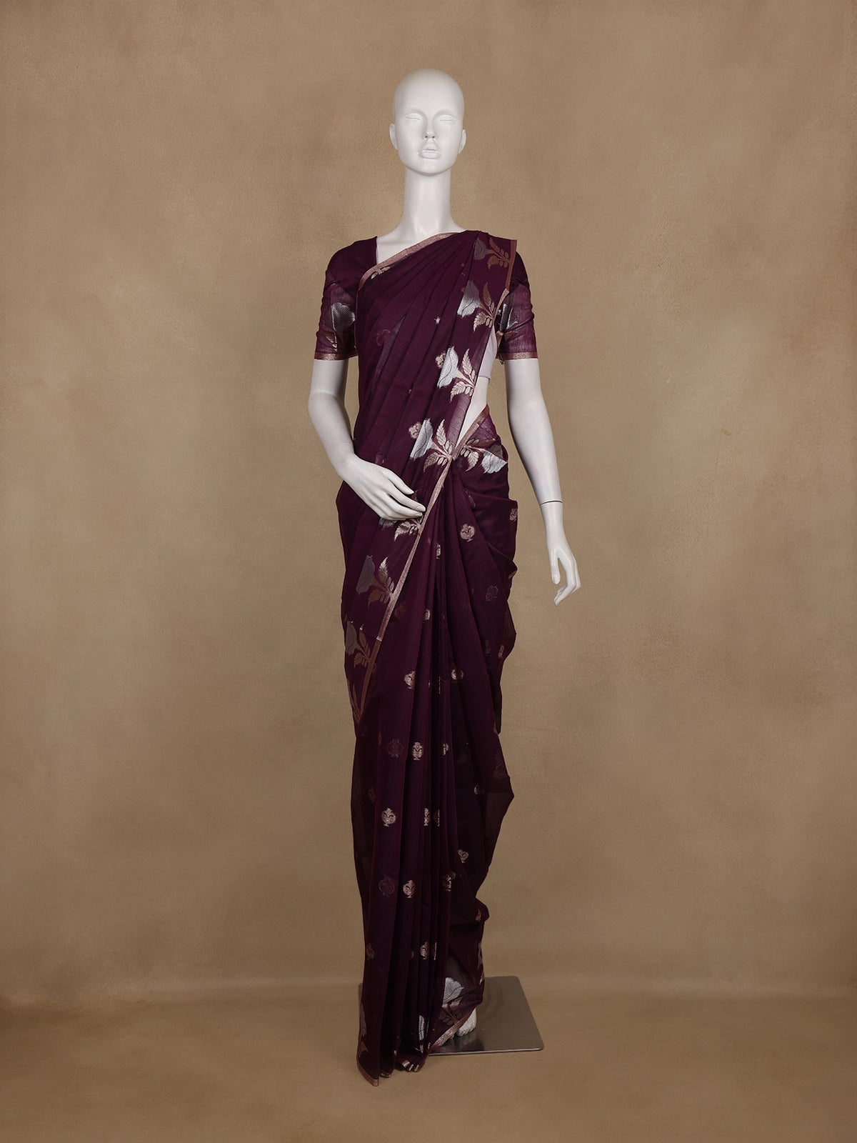 Wine Floral Design Semi Banarasi Silk Saree