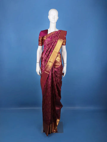 Wine Floral Design Woven Pure Kanchipuram Silk Saree - Diadem