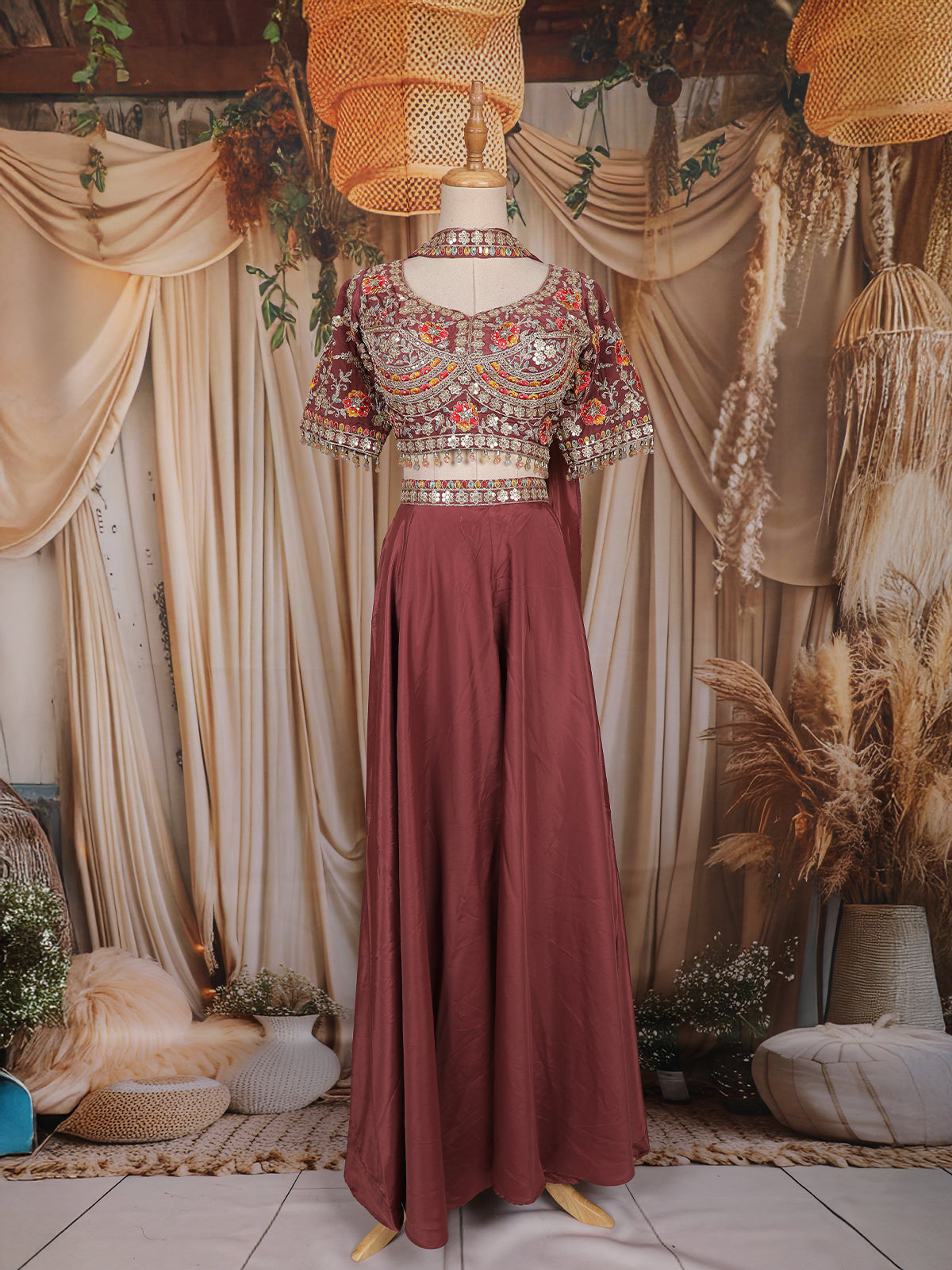 Wine Floral Embroidered Design Crepe Palazzo Suit With Dupatta