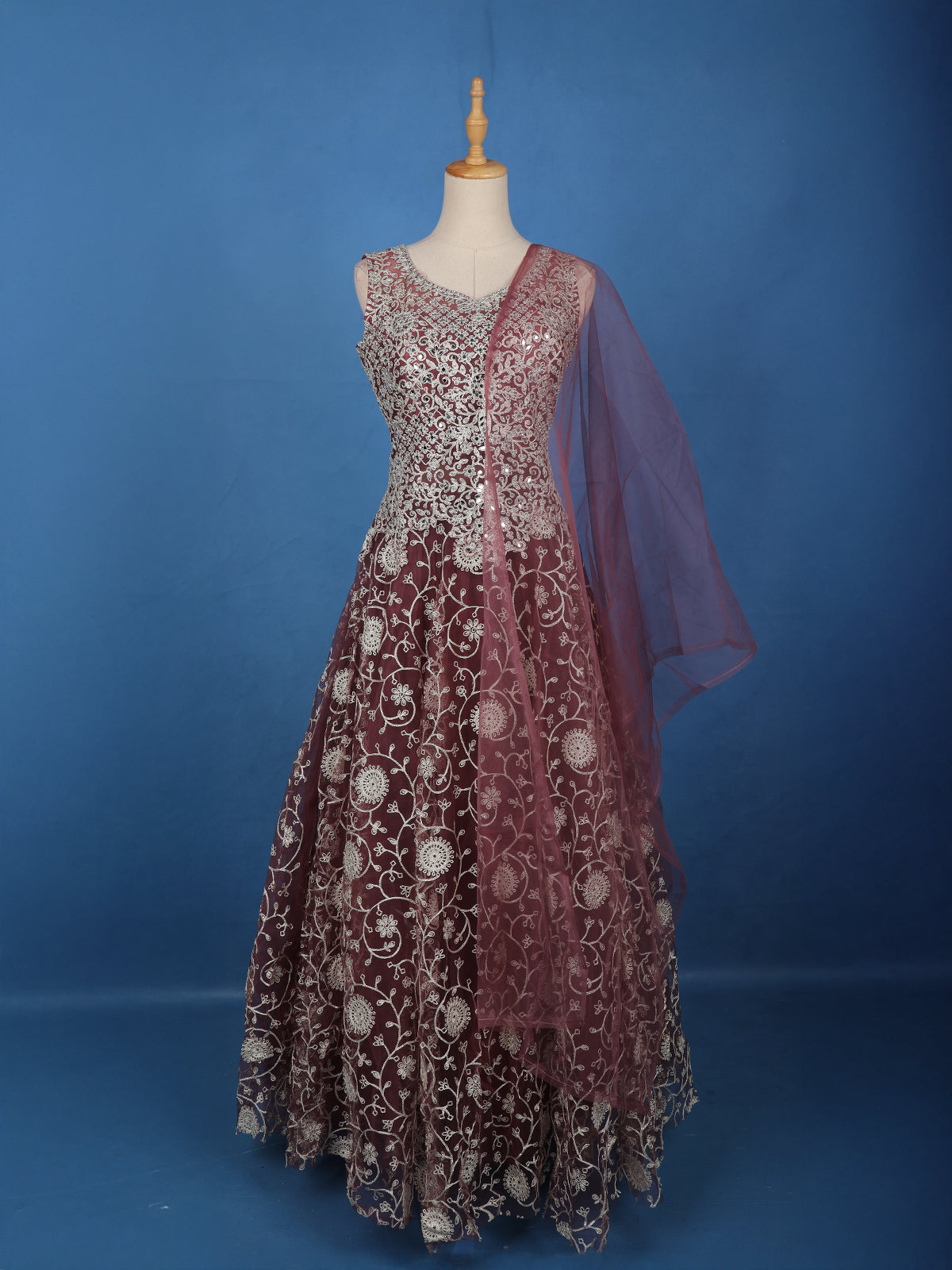 Wine Floral Embroidered Design Net Gown