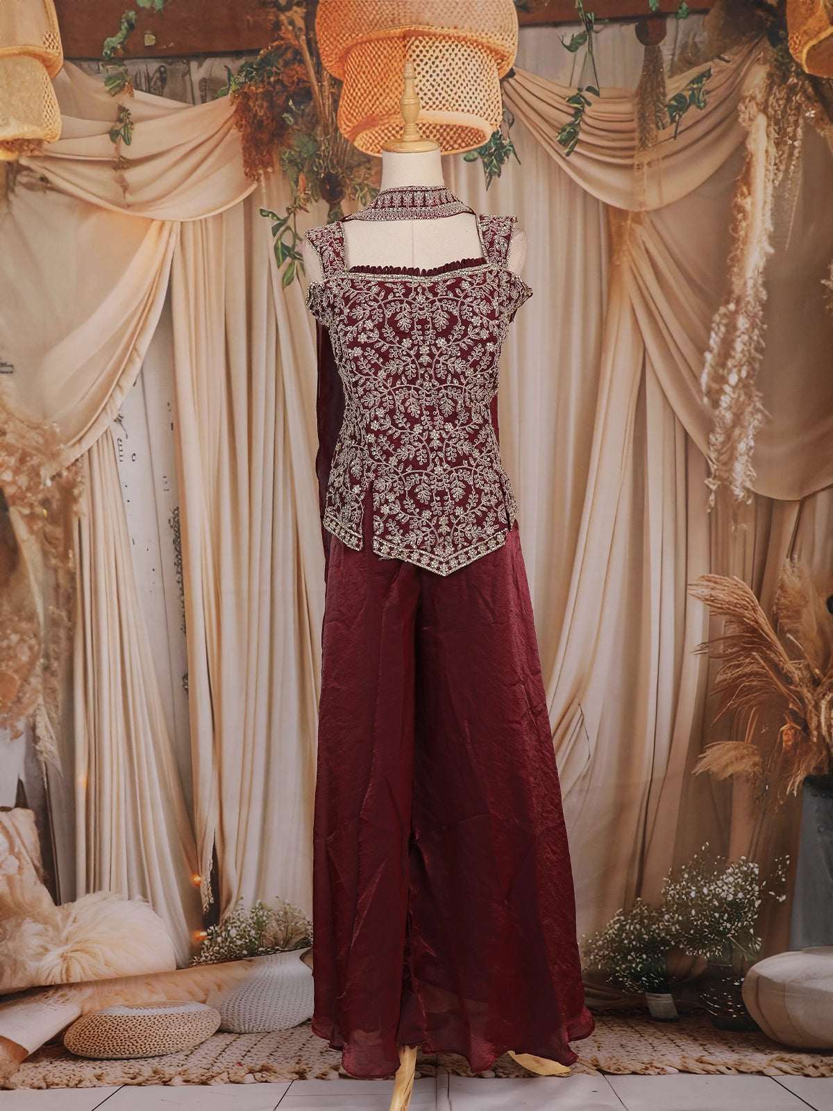 Wine Floral Embroidered Design Organza Palazzo Suit