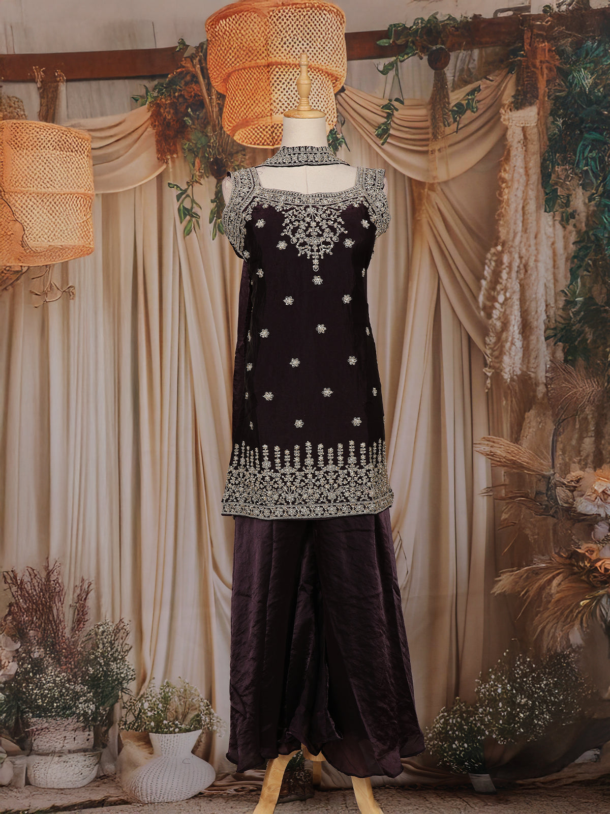 Wine Floral Embroidered Organza Palazzo Suit