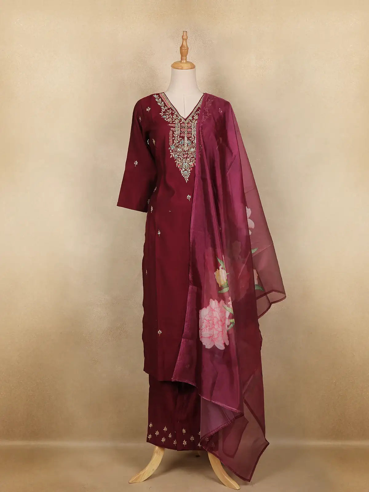 Wine Floral Embroidered Semi Silk Salwar Suit With Dupatta - Diadem