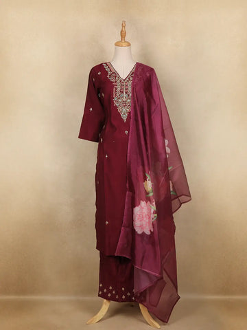 Wine Floral Embroidered Semi Silk Salwar Suit With Dupatta - Diadem