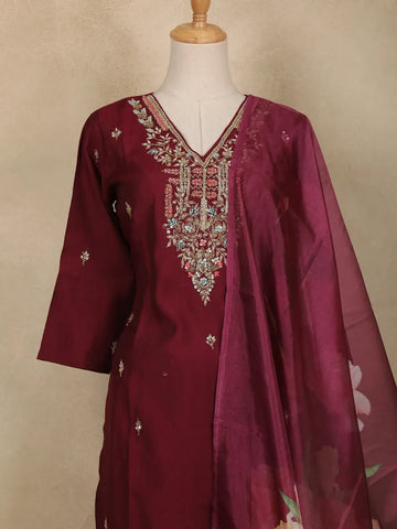 Wine Floral Embroidered Semi Silk Salwar Suit With Dupatta - Diadem