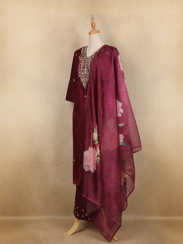 Wine Floral Embroidered Semi Silk Salwar Suit With Dupatta - Diadem