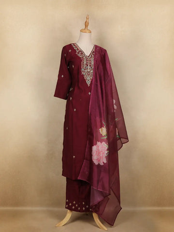 Wine Floral Embroidered Semi Silk Salwar Suit With Dupatta - Diadem