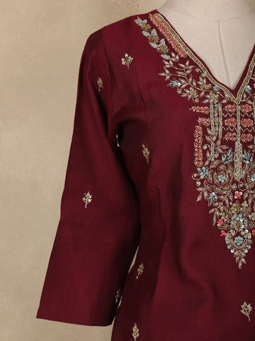 Wine Floral Embroidered Semi Silk Salwar Suit With Dupatta - Diadem