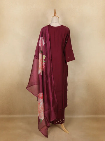 Wine Floral Embroidered Semi Silk Salwar Suit With Dupatta - Diadem