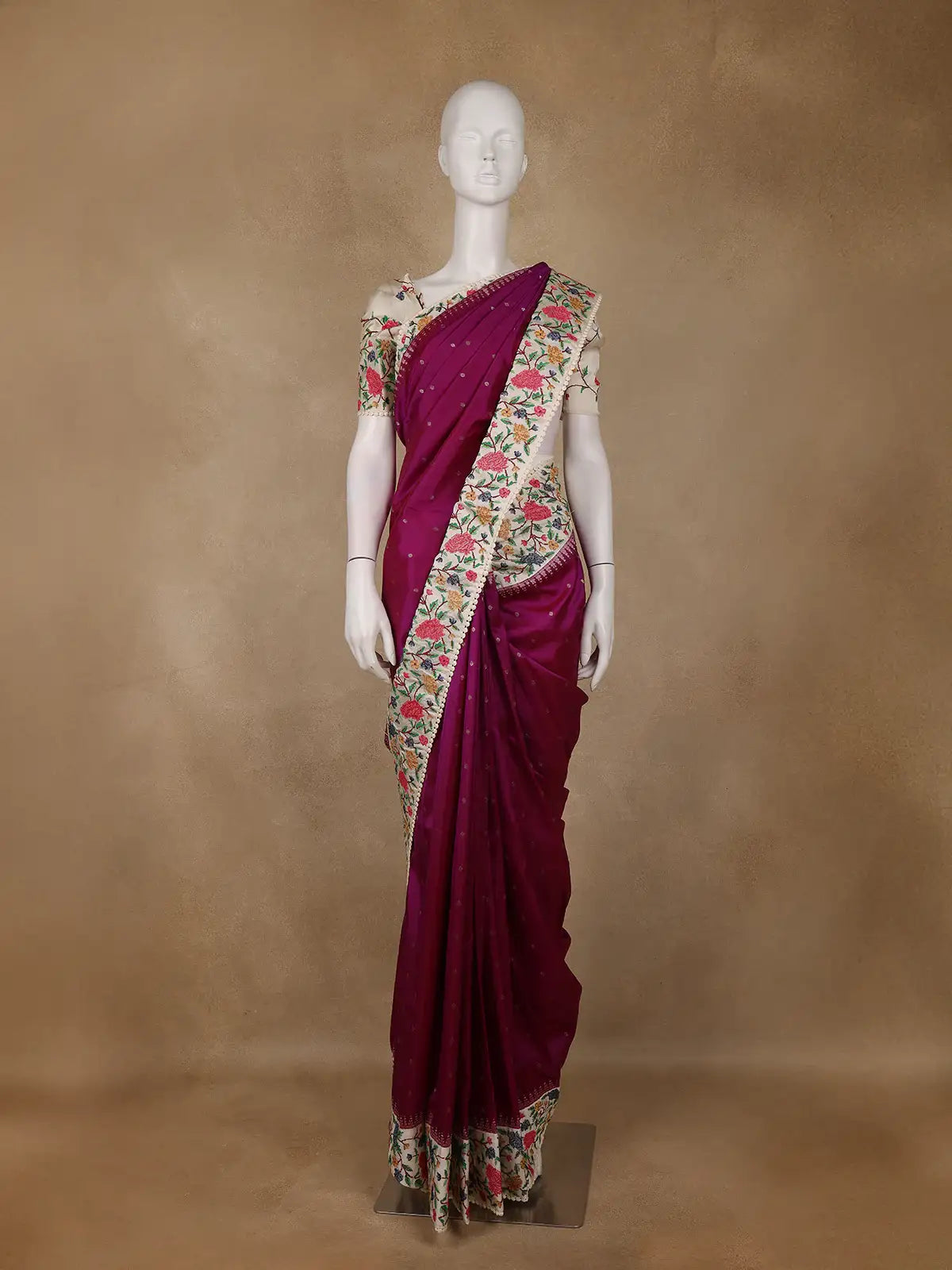 Wine Floral Embroidered Tussar Silk Saree - Diadem
