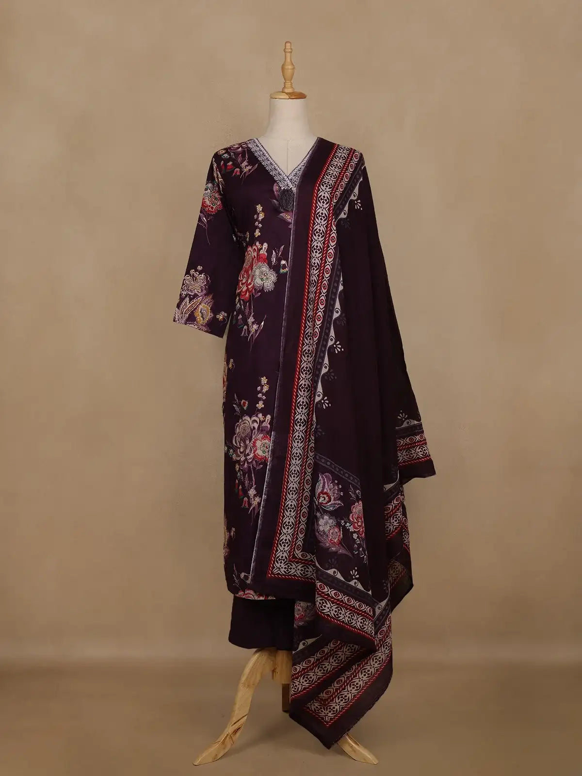 Wine Floral Printed Cotton Salwar Suit With Dupatta - Diadem