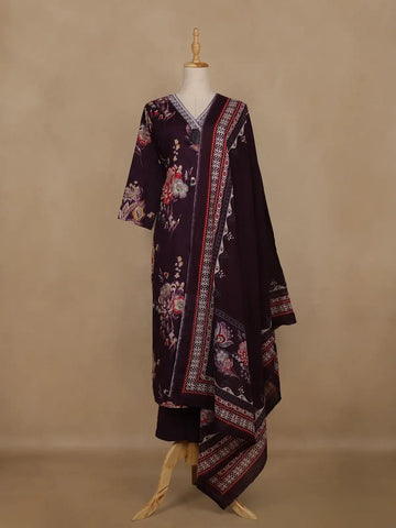 Wine Floral Printed Cotton Salwar Suit With Dupatta - Diadem
