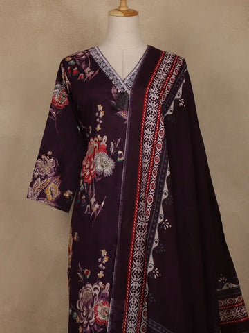 Wine Floral Printed Cotton Salwar Suit With Dupatta - Diadem