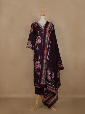 Wine Floral Printed Cotton Salwar Suit With Dupatta - Diadem