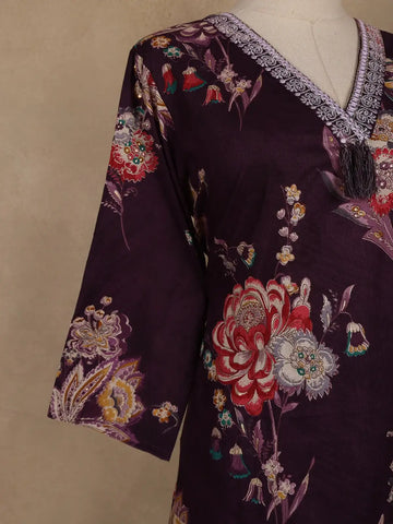 Wine Floral Printed Cotton Salwar Suit With Dupatta - Diadem