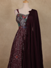 Wine Floral Sequins Embroidered Design Georgette Gown