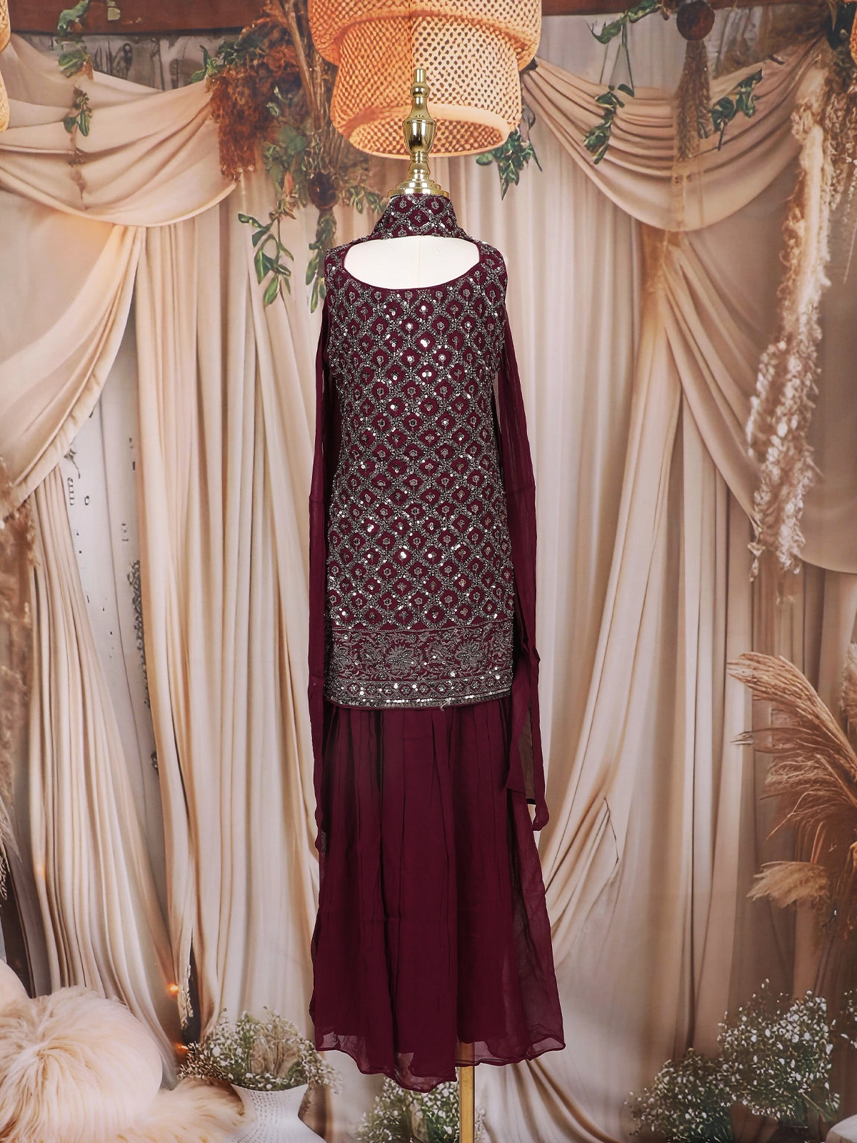Wine Sequins Embroidered Design Georgette Kids Palazzo Suit with Dupatta