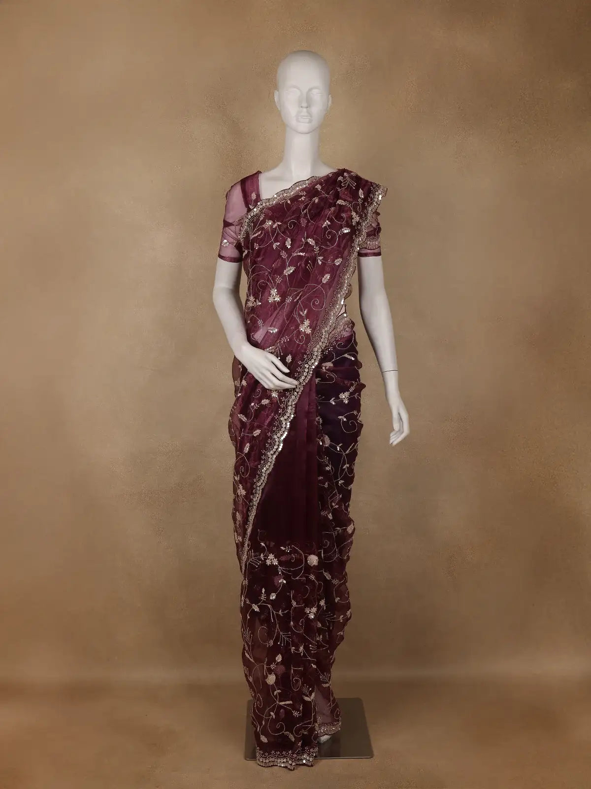 Wine Floral Sequins Embroidered Organza Saree - Diadem