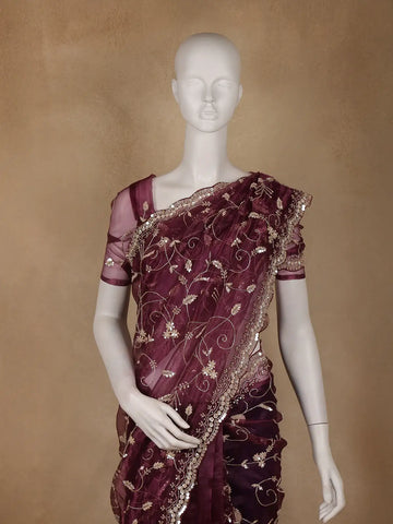 Wine Floral Sequins Embroidered Organza Saree - Diadem