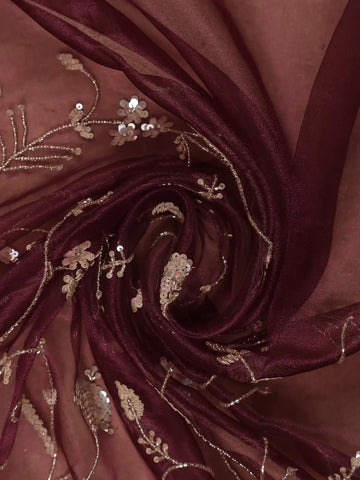 Wine Floral Sequins Embroidered Organza Saree - Diadem