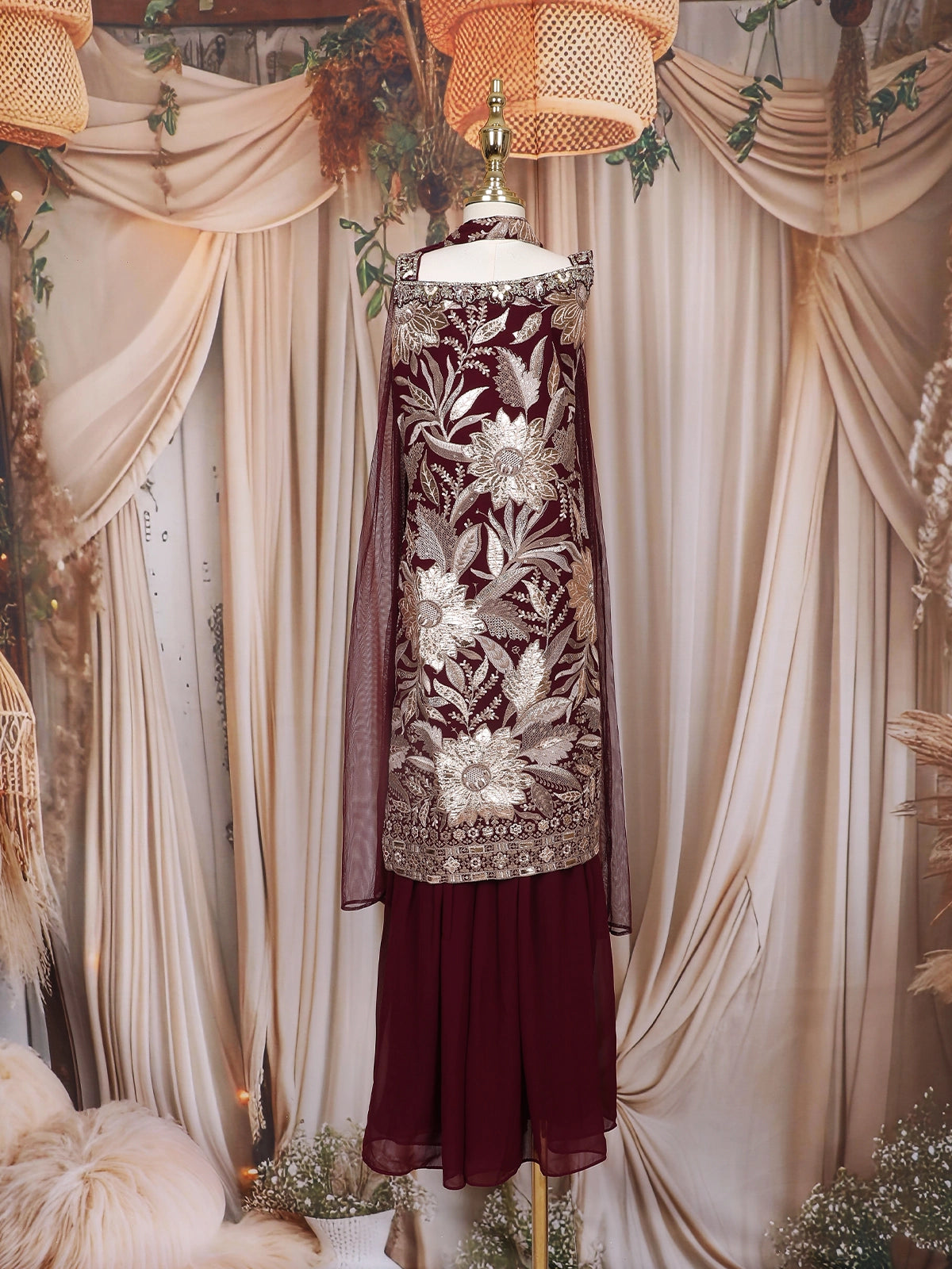 Wine Floral Zari Embroidered Design Georgette Kids Sharara Suit with Dupatta