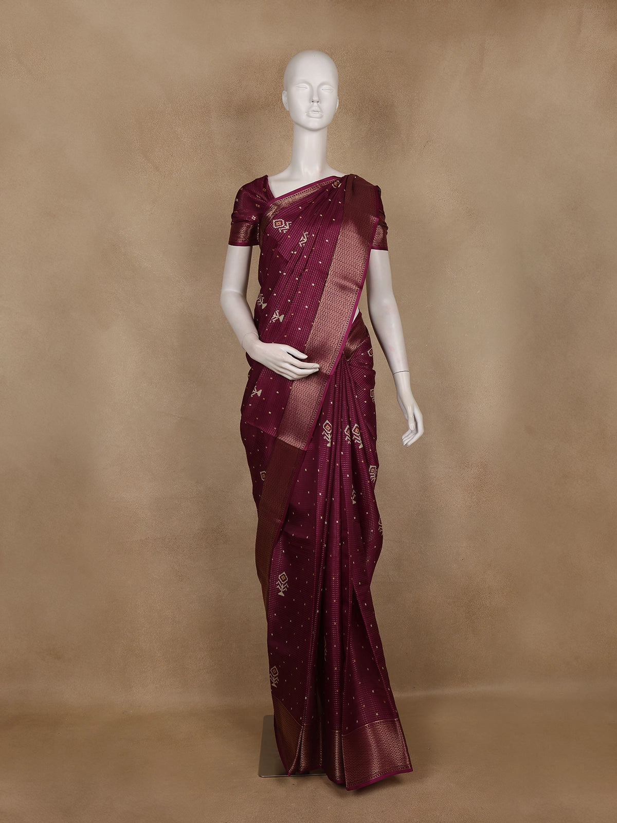 Wine Pochampally Ikat Design Cotton Saree with Zari Border