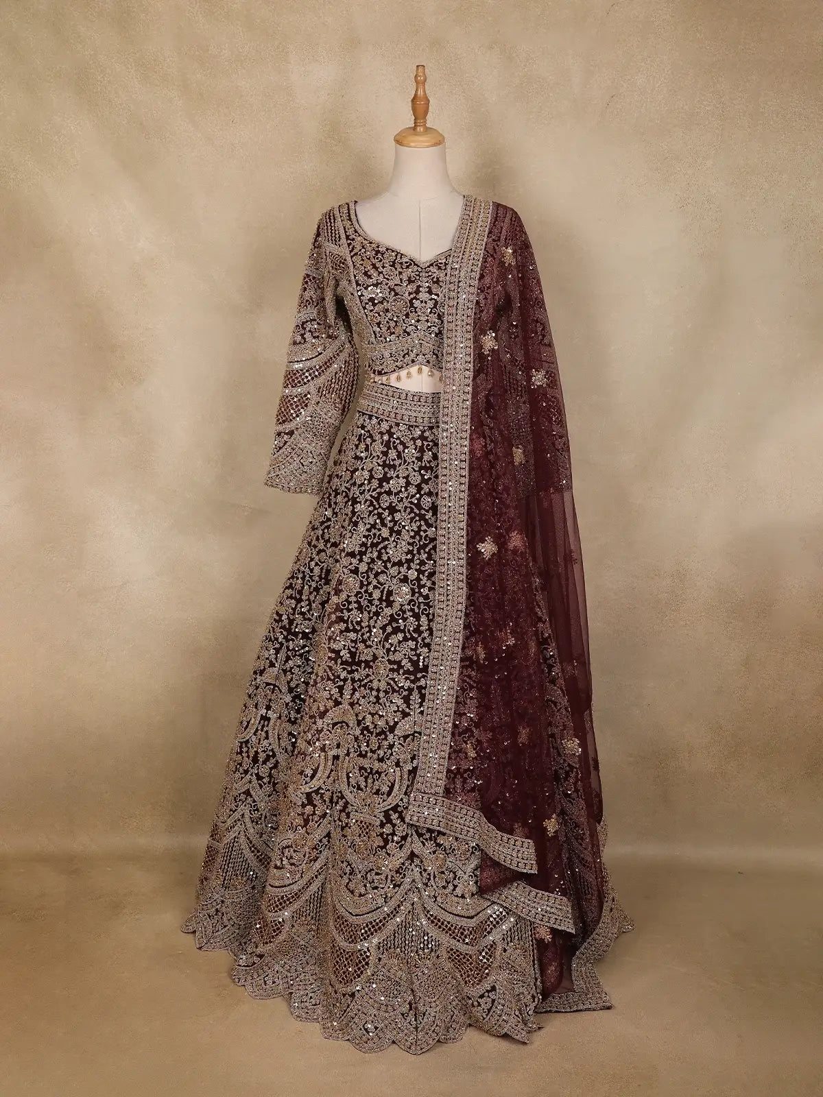 Wine Maroon Floral Embroidery Design Net Lehenga - Diadem