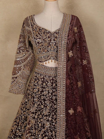 Wine Maroon Floral Embroidery Design Net Lehenga - Diadem
