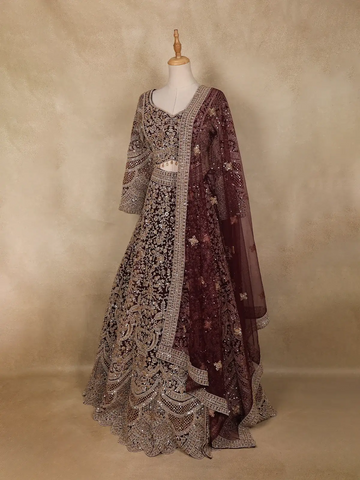 Wine Maroon Floral Embroidery Design Net Lehenga - Diadem