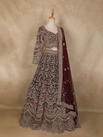 Wine Maroon Floral Embroidery Design Net Lehenga - Diadem