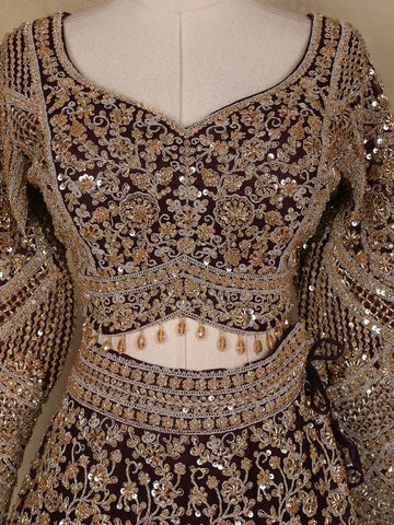 Wine Maroon Floral Embroidery Design Net Lehenga - Diadem