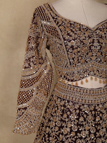Wine Maroon Floral Embroidery Design Net Lehenga - Diadem
