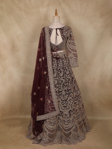 Wine Maroon Floral Embroidery Design Net Lehenga - Diadem