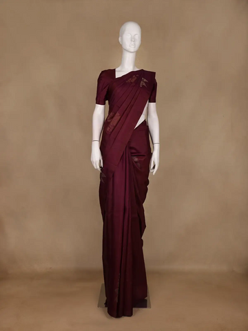 Wine Maroon Floral Woven Pure Kanchipuram Silk Saree - Diadem