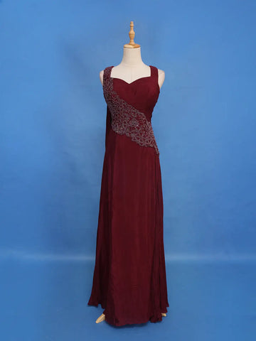 Wine Maroon Solid Design Georgette Gown - Diadem