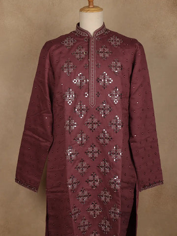 Wine Mirror Work Embroidered Cotton Kurta For Men - Diadem