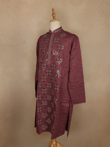 Wine Mirror Work Embroidered Cotton Kurta For Men - Diadem