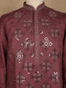 Wine Mirror Work Embroidered Cotton Kurta For Men - Diadem