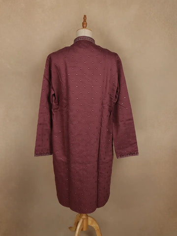 Wine Mirror Work Embroidered Cotton Kurta For Men - Diadem