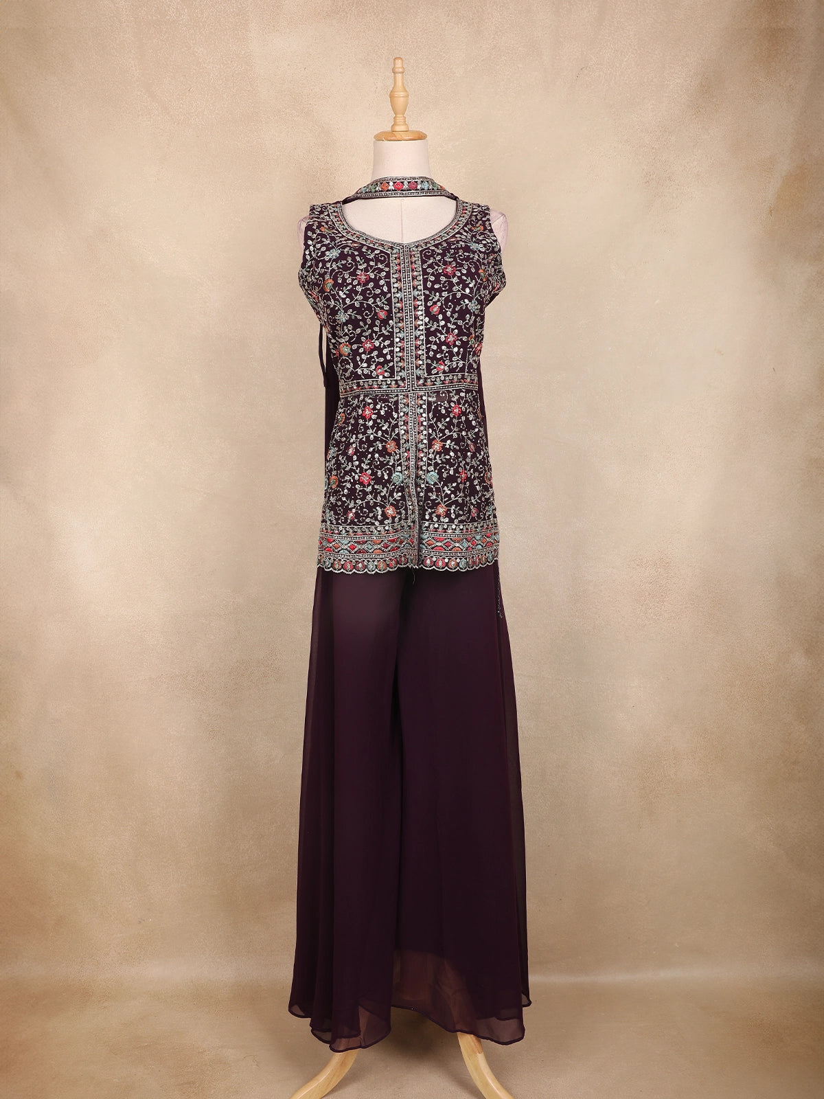 Wine Multicolor Floral Embroidered Georgette Peplum Palazzo Suit with Choker Dupatta