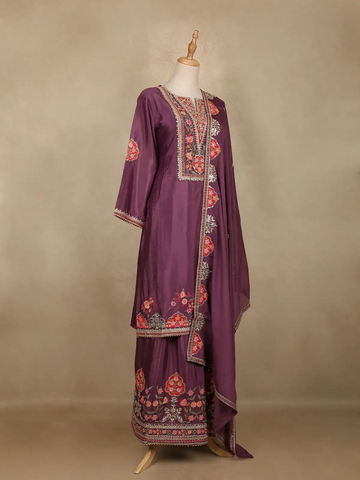 Wine Purple Floral Design Georgette Palazzo Salwar Suit - Diadem