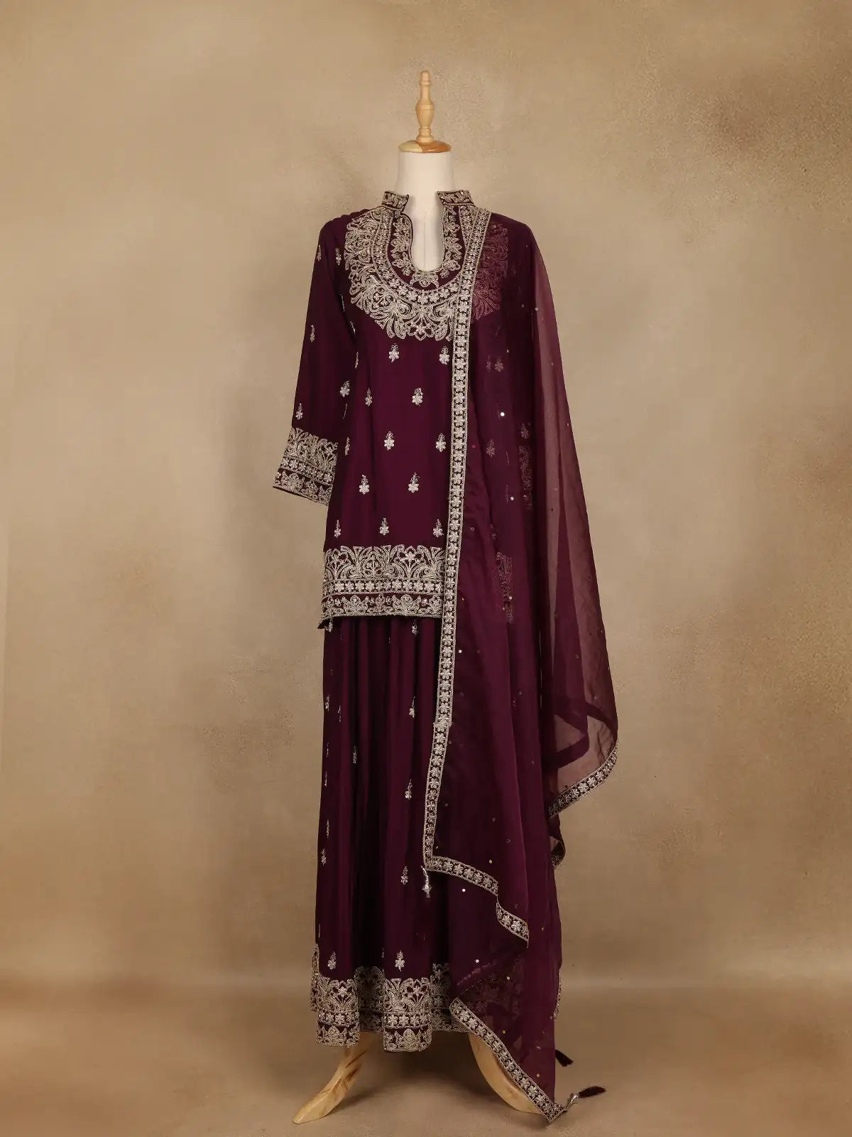 Wine Purple Floral Embroidered Georgette Palazzo Suit With Dupatta - Diadem